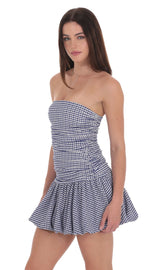 Gingham Strapless Bubble Dress in White and Blue